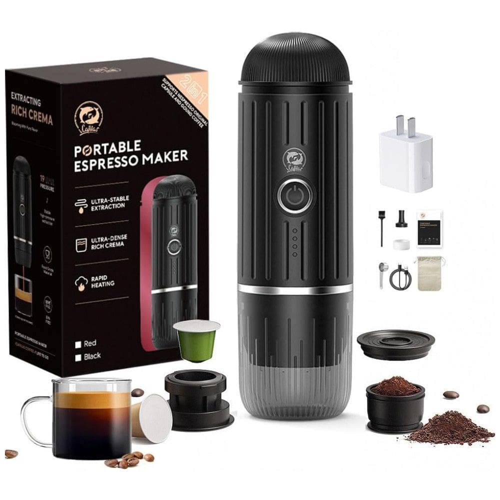 Máquina de Café Portátil 19 Bar com Bateria Recarregável de 7500mAh para Viagens, Acampamento e Casa, 12V 120W, RECAFIMIL, Preta
