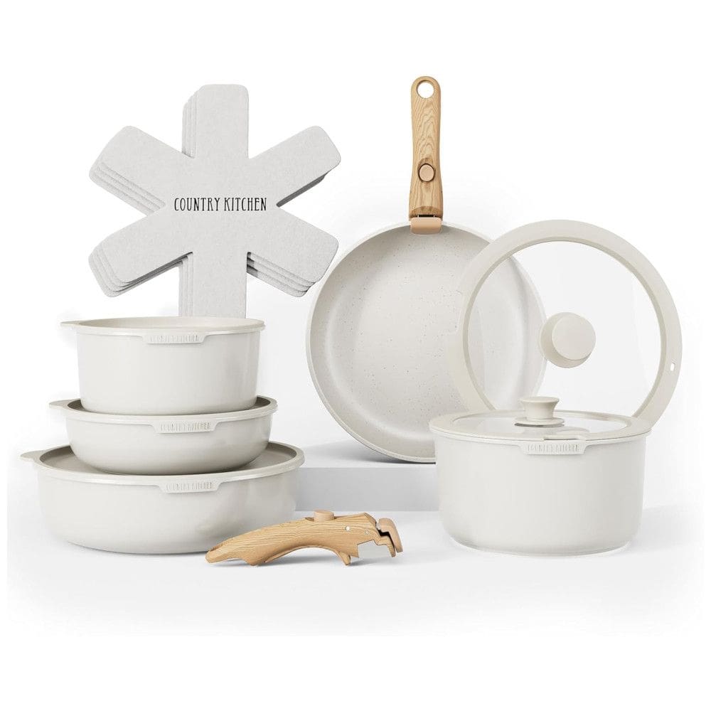 Jogo de Panelas e Frigideiras, Material em Alumínio com 16 Peças e Cabo de Madeira Removível, Country Kitchen, Creme