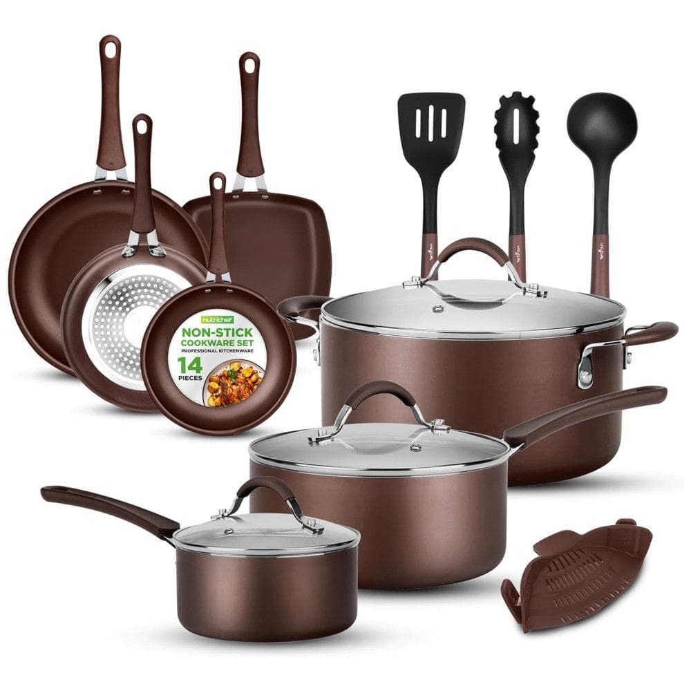 Jogo de Panelas e Frigideiras Antiaderentes em Aço Inoxidável com Utensílios, 14 Peças, NutriChef, Marrom