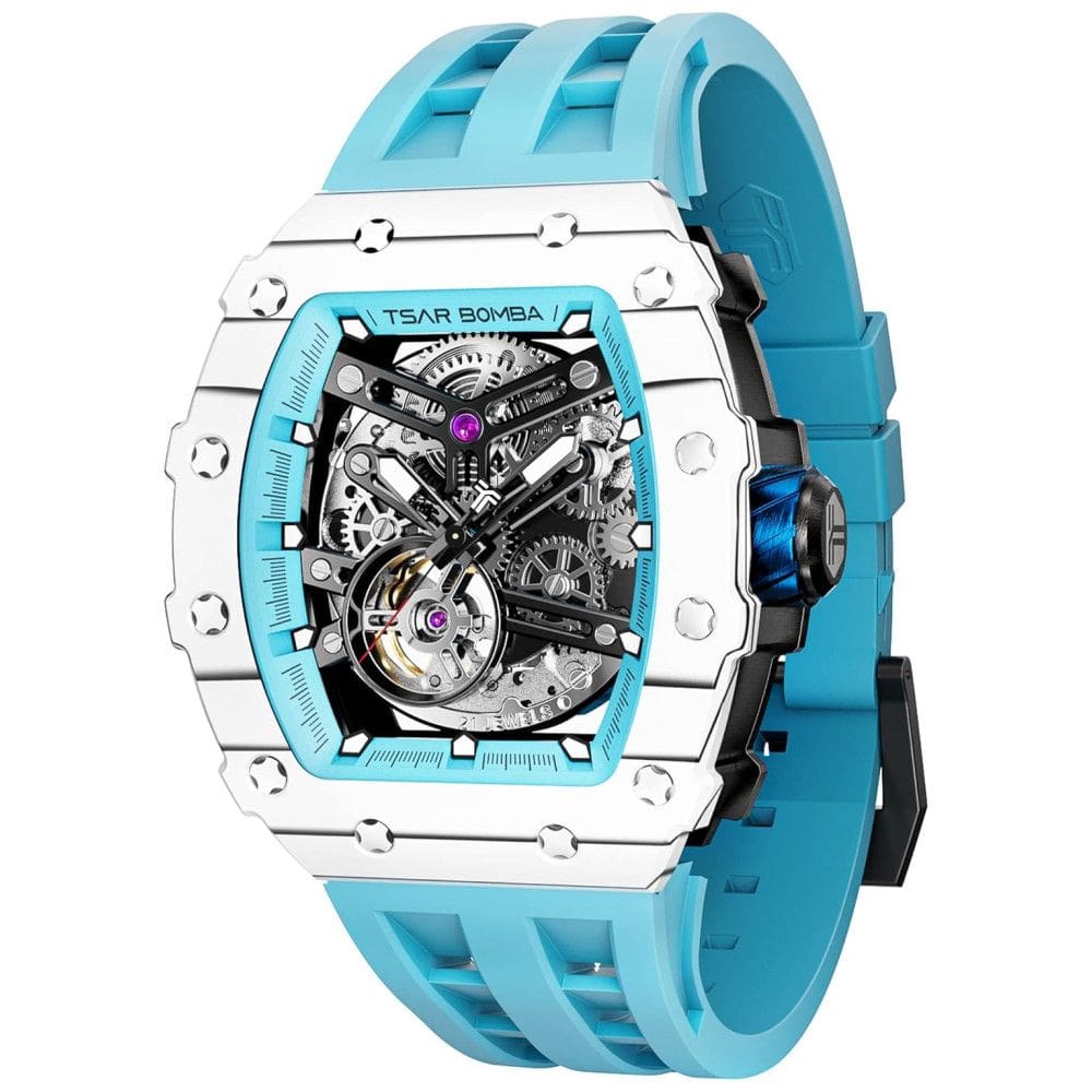 Relógio Masculino Analógico Automático Mecânico a Prova dÁgua 50M com Pulseira de Silicone, TSAR BOMBA CF03, Azul e Prata