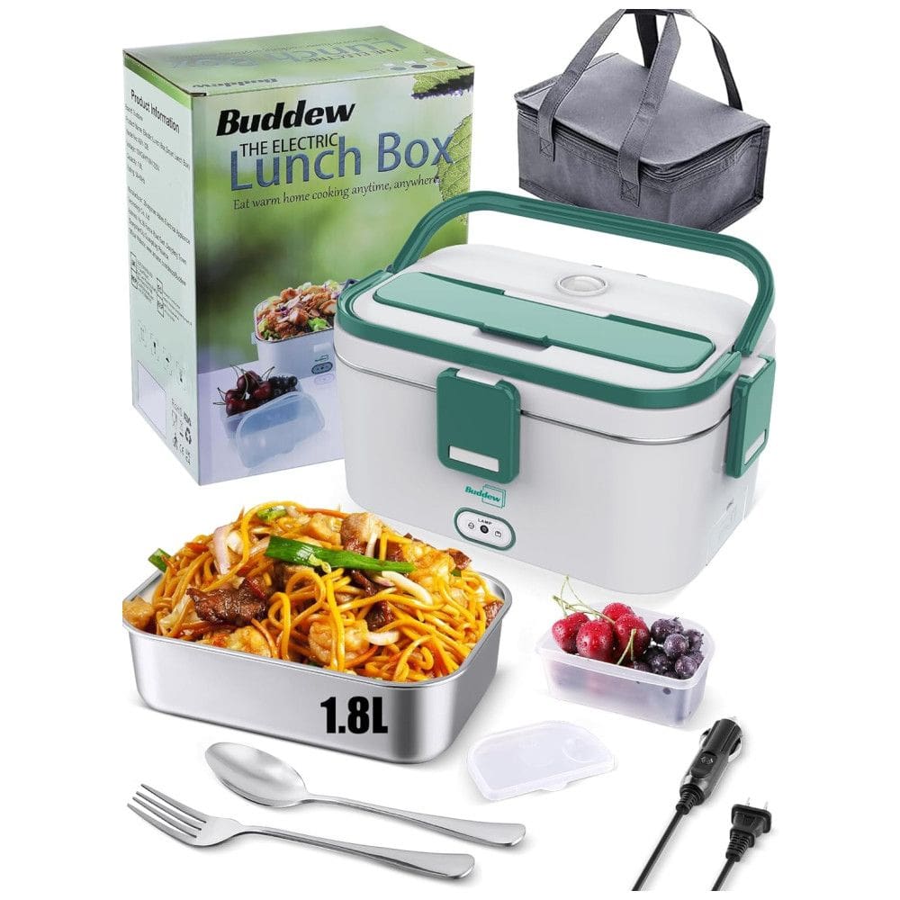 Marmita Elétrica Portátil 1,8L com Garfo, Colher e Bolsa para Transporte, 12V bivolt 70W, Buddew, Cinza e Verde Claro