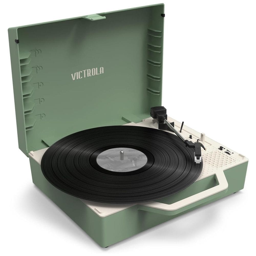 Toca Discos 3 Velocidades, Mesa Giratória Bluetooth Acionada por Correia e Radiador de Graves Integrado, Victrola Re Spin, Verde