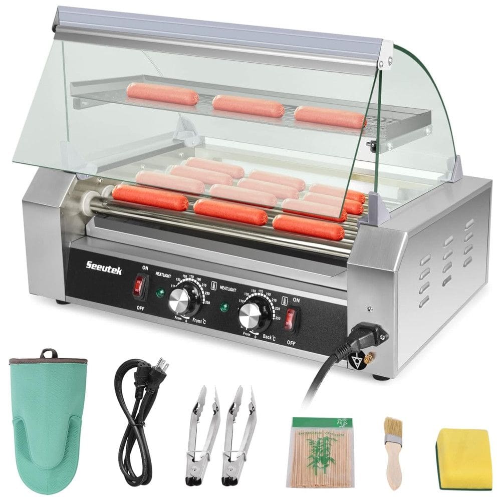 Máquina para Cachorro Quente com 7 Rolos até 24 Salsichas, Luz LED, Controle de Temperatura e Bandeja de Gotejamento Removível, 110V 1100W,
