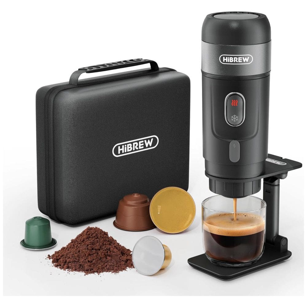 Cafeteira Portátil 9 Bar com Suporte Dobrável e Estojo de Transporte para Viagens, Acampamentos e Caminhadas, 80W 12V, HiBrew H4A, Cinza