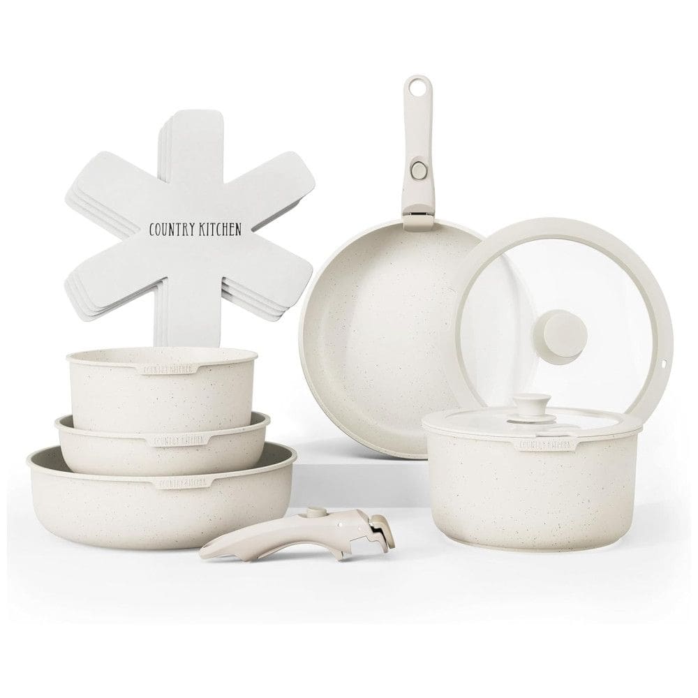 Jogo de Panelas e Frigideiras, Material em Alumínio com 16 Peças e Cabo Removível, Country Kitchen, Creme