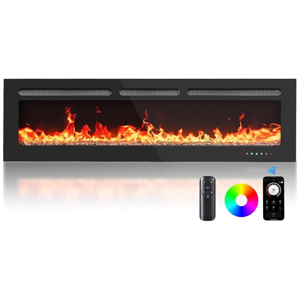 Lareira Elétrica de Embutir Ultrafina A43x152L cm com 20 Cores de Chama, Saída de Calor de 5300 BTU, Temporizador, Controle Remoto e APP,