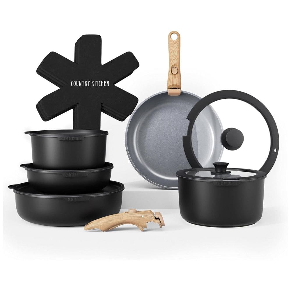 Jogo de Panelas e Frigideiras, Material em Alumínio com 16 Peças e Cabo de Madeira Removível, Country Kitchen, Preto e Cinza