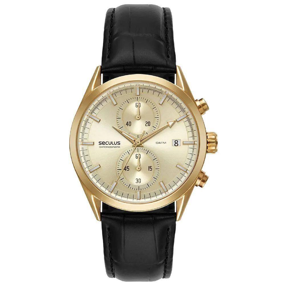 Relógio Seculus Cronógrafo 77307gpsvdc2 Vidro Abaulado Couro Dourado
