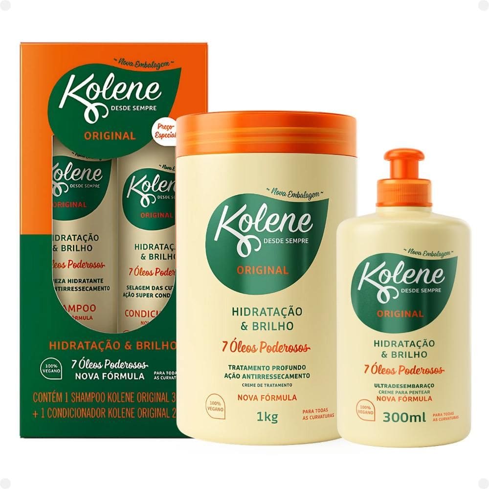 Kit Kolene Hidratação e Brilho: Shampoo 300ml e Condicionador 200ml + Creme de Tratamento 1Kg e Creme para Pentear 300ml