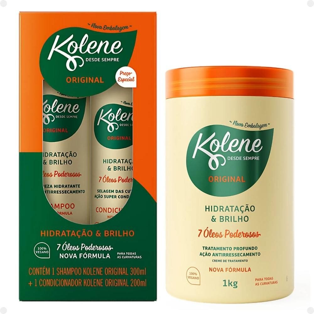 Kit Kolene Hidratação e Brilho: Shampoo 300ml e Condicionador 200ml + Creme de Tratamento 1Kg