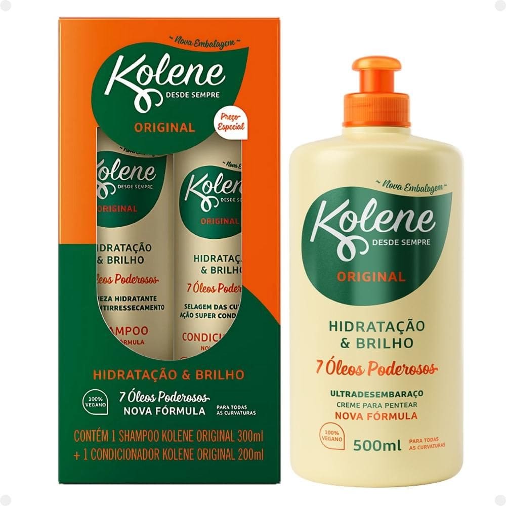 Kit Kolene Hidratação e Brilho: Shampoo 300ml e Condicionador 200ml + Creme para Pentear 500ml