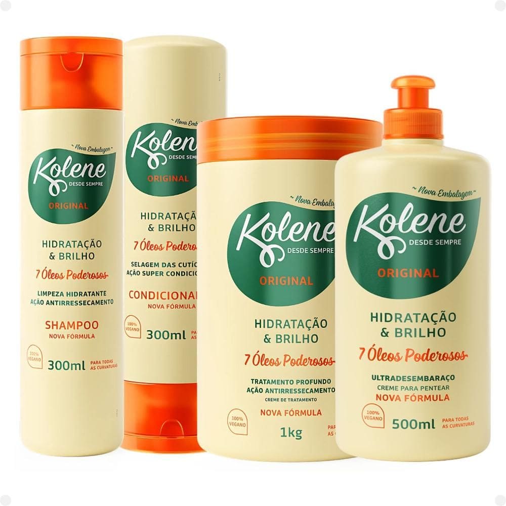 Kit Kolene Hidratação e Brilho: Shampoo, Condicionador 300ml, Creme de Tratamento 1Kg e Creme para Pentear 500ml