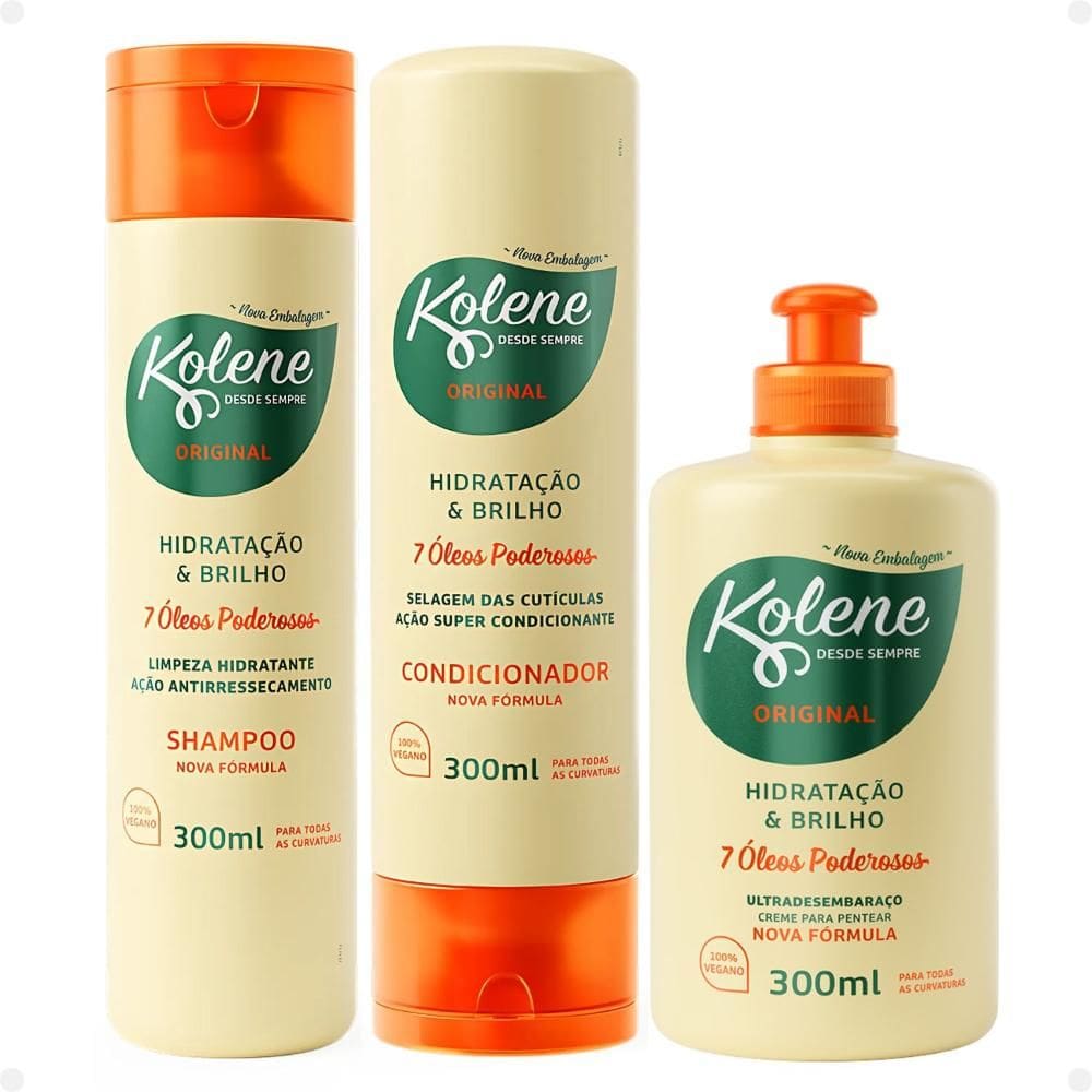 Kit Kolene Hidratação e Brilho: Shampoo, Condicionador 300ml e Creme para Pentear 300ml