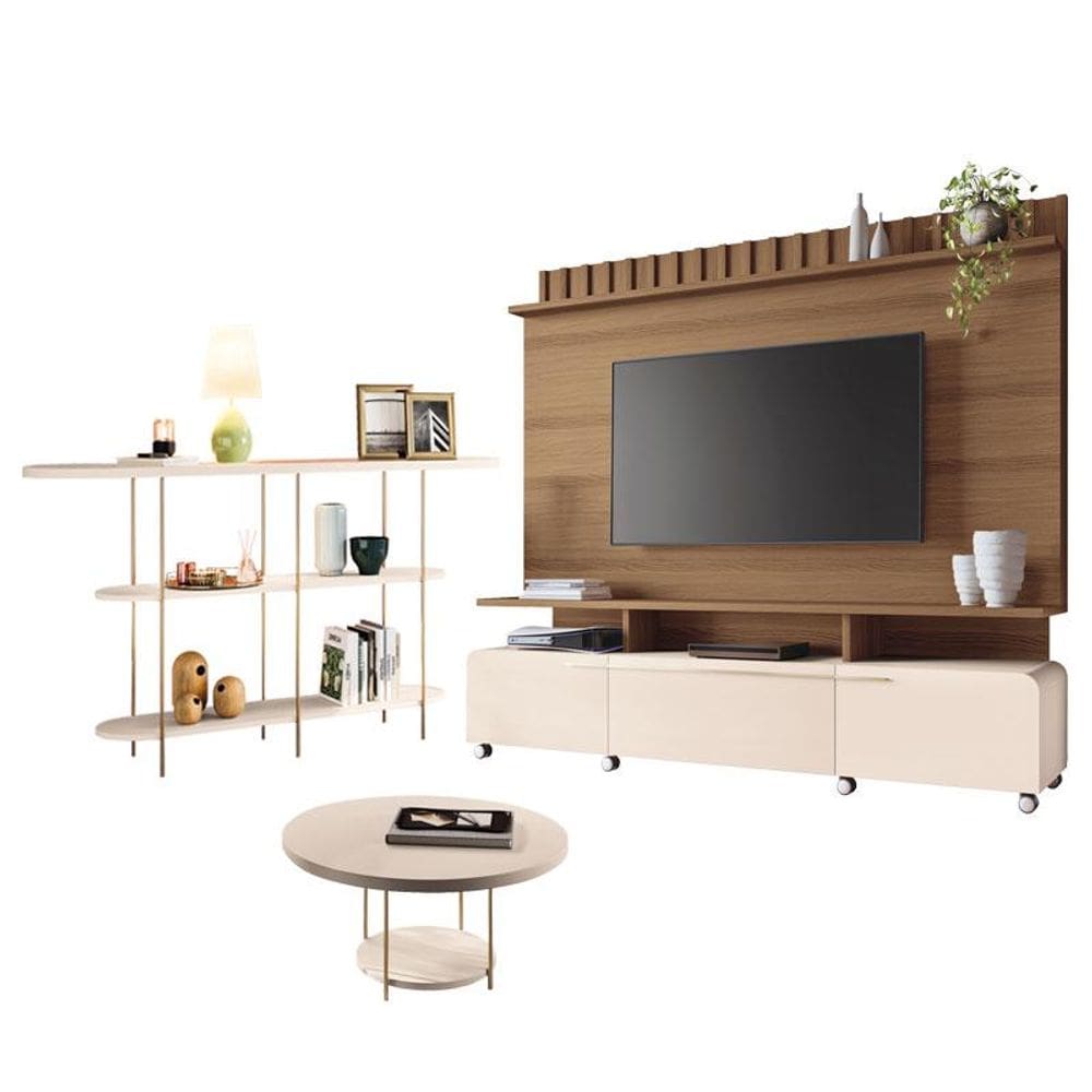 Estante Home Theater Artís Off White Castanho e Aparador Infinity e Mesa de centro Sky Off White – HB Móveis