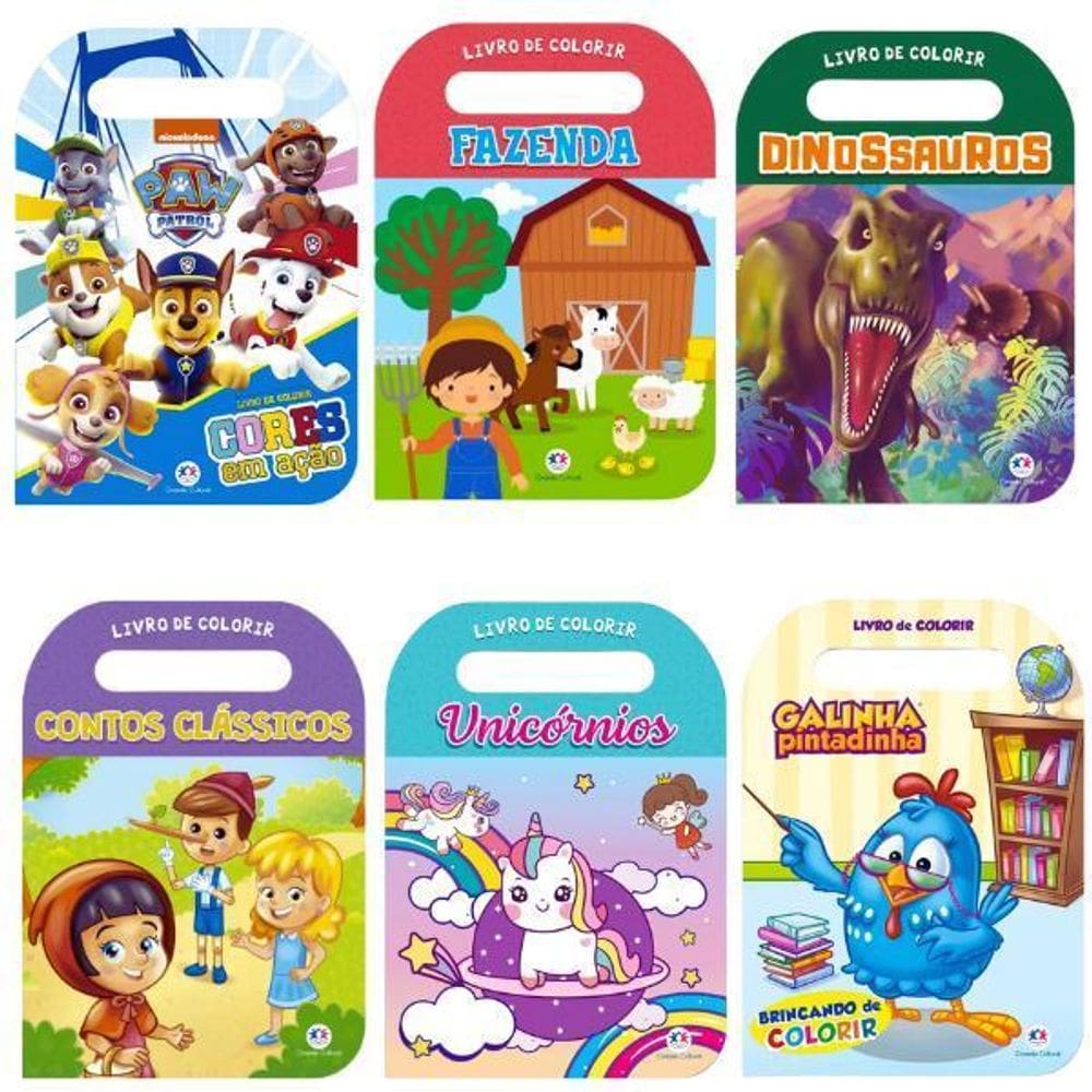 Kit 6 Livros Para Colorir Infantil 32 Páginas Com Alça