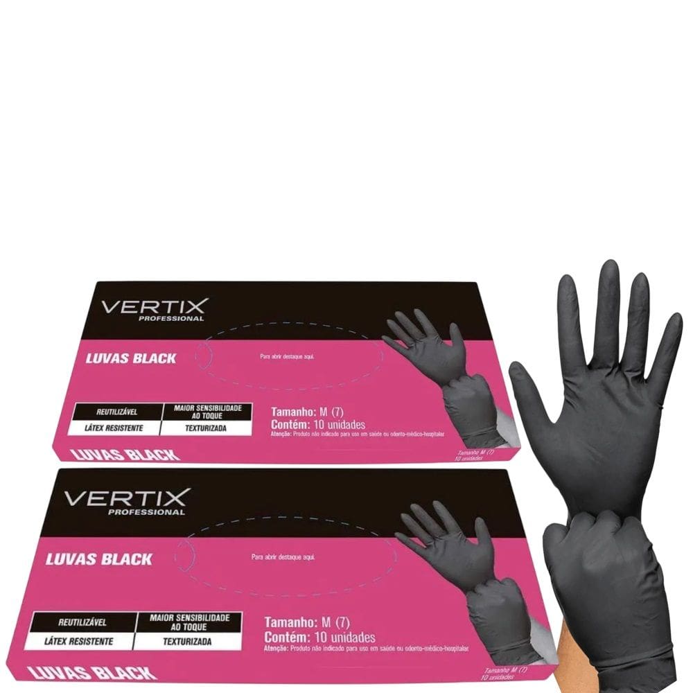 20UN Luva Black Látex Reutilizável Tamanho M Vertix