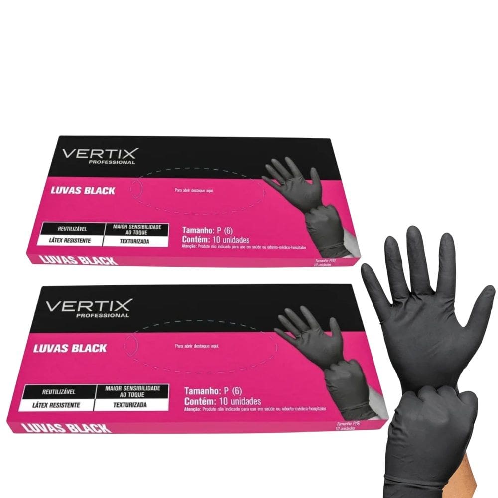 20UN Luva Black Látex Reutilizável Tamanho P Vertix