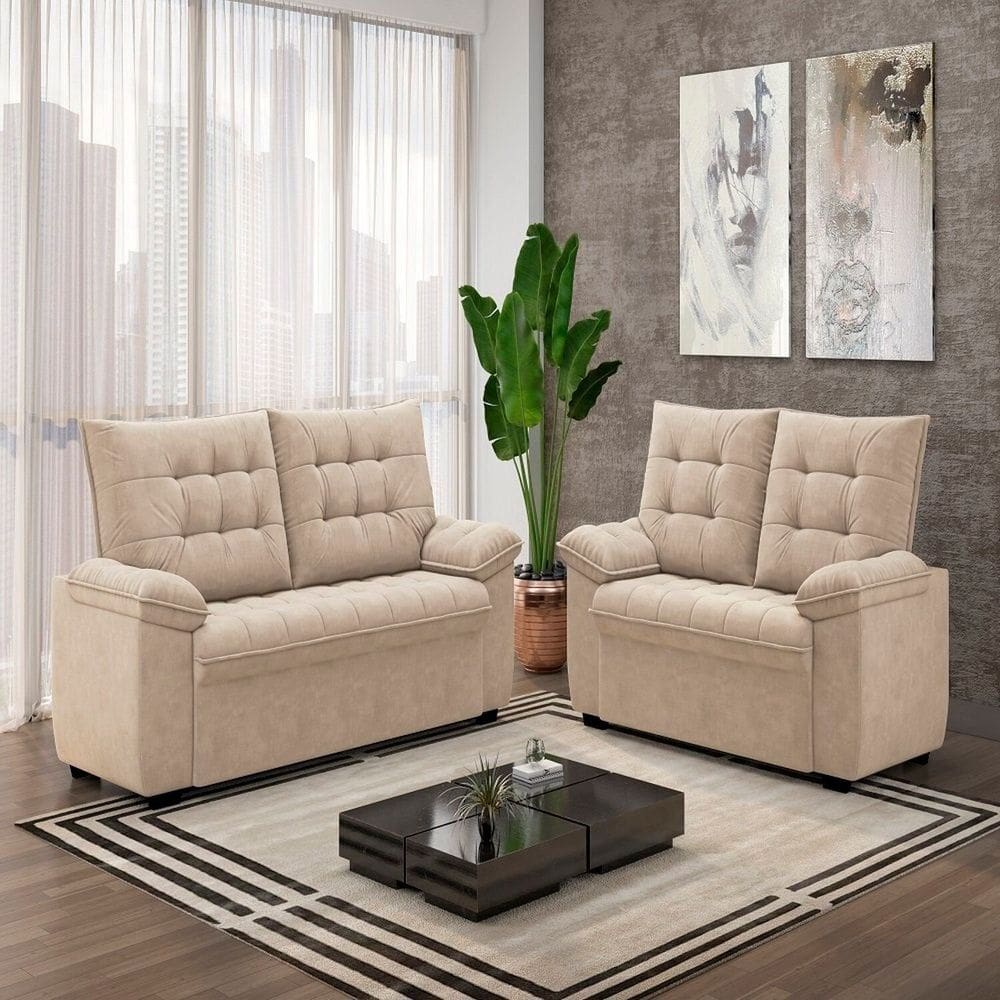 Conjunto de Sofá 3 e 2 Lugares Bertioga Capuccino