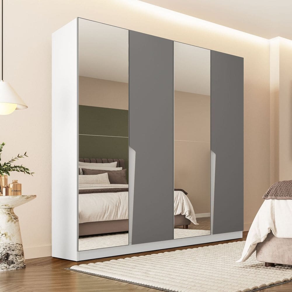 Guarda-roupa Casal 4 Portas 4 Gavetas com Espelho Porto Branco/Cinza
