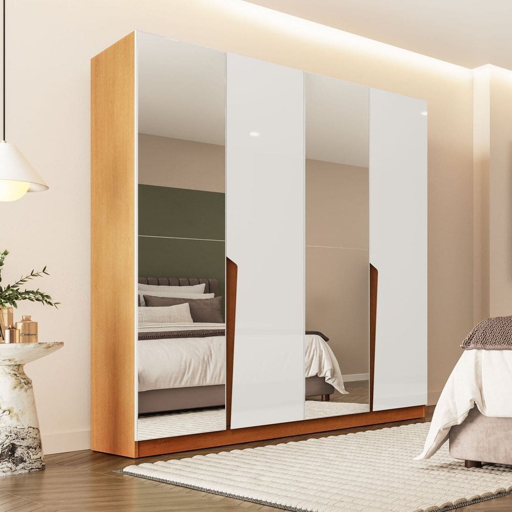 Guarda-roupa Casal 4 Portas 4 Gavetas com Espelho Porto Freijó/Branco