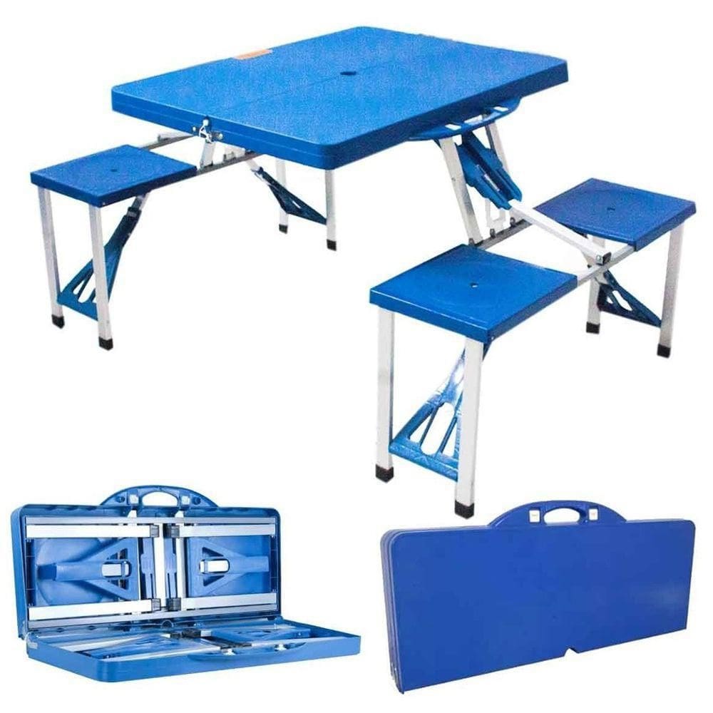 Mesa De Camping Azul Com 4 Bancos Portátil Maleta