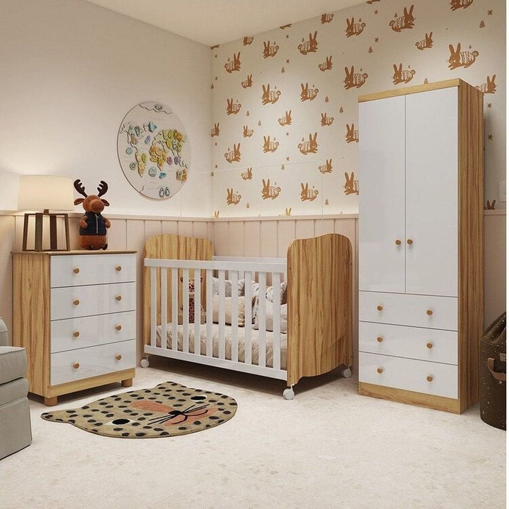 Quarto de Bebê Completo com Guarda Roupa 2 Portas Cômoda e Berço Cambalhota 100% Mdf Espresso Móveis Branco Brilho/Amêndoa