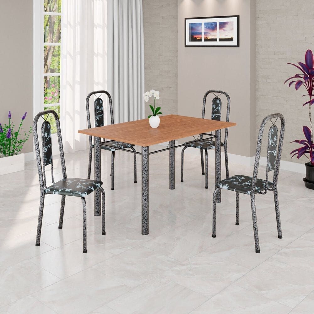 Conjunto de Mesa Tubular 120cm X 72cm Tampo Mdf com 4 Cadeiras Lívia Preto Floral / Mart Prata