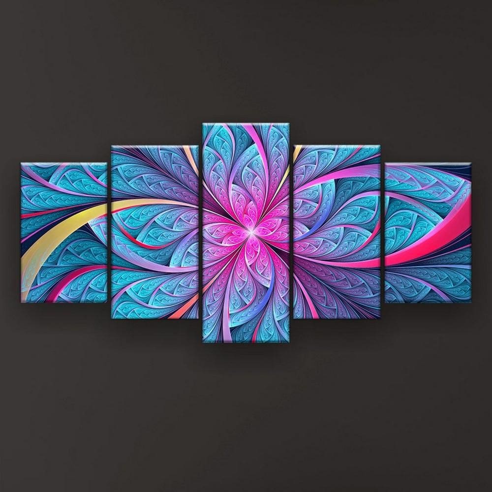 Quadro Decorativo Mosaico 5 pç Flor Simétrica Mosaico Ciano