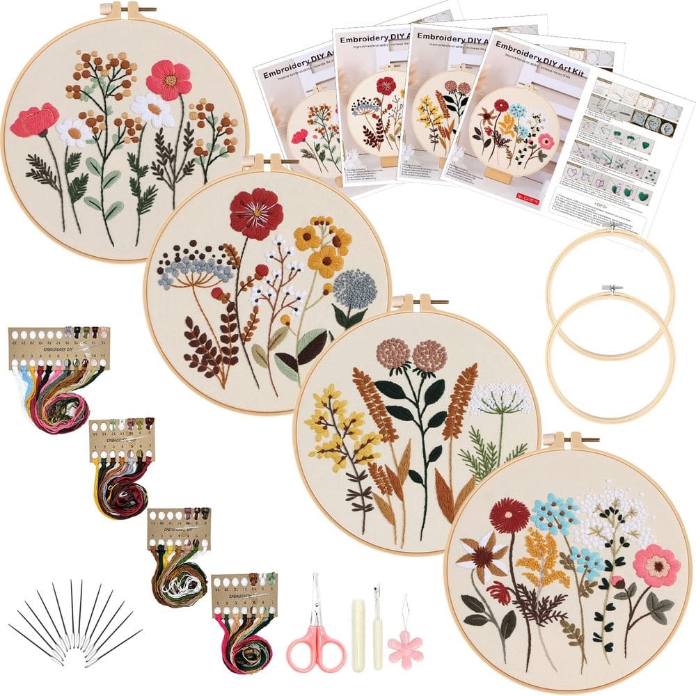 Kit de bordado Picoey Flower Embroidery para iniciantes, pacote com 4