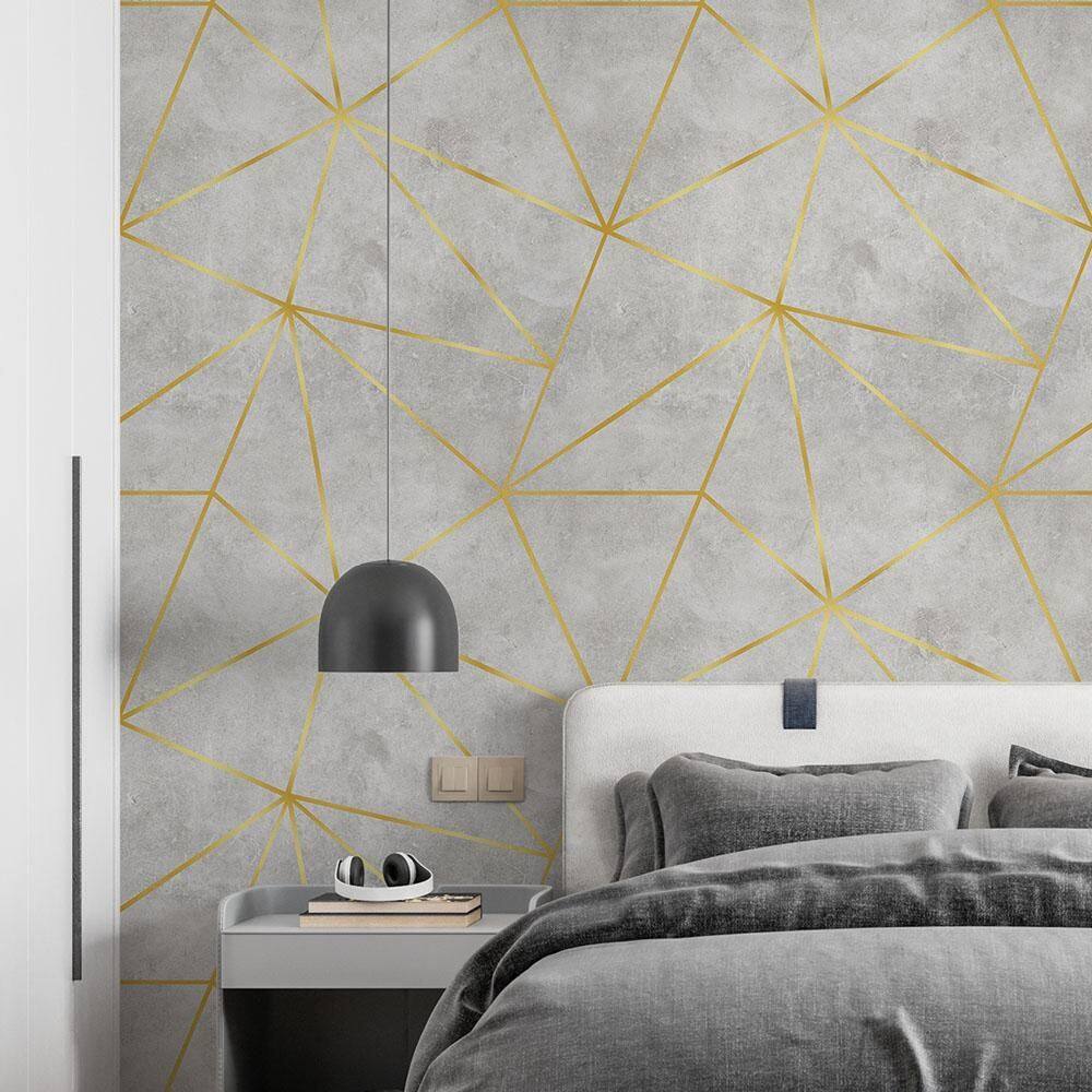 Papel De Parede Adesivo Zara Cimento Com Dourado - 3,0M