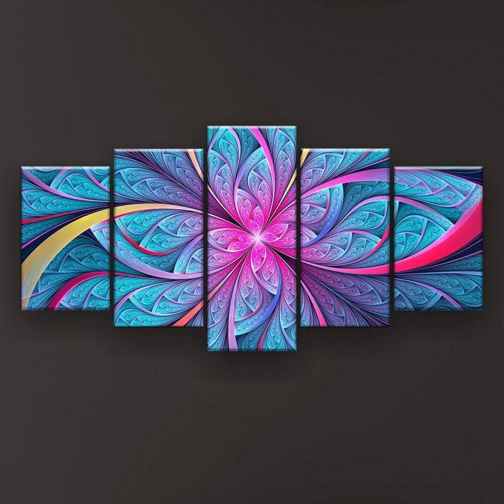 Quadro Decorativo Mosaico 5 pç Flor Simétrica Mosaico Ciano