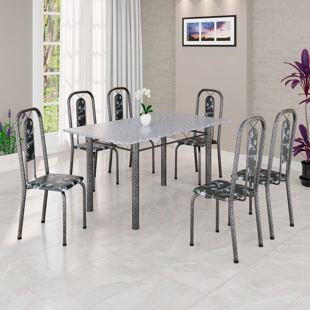 Conjunto de Mesa Tubular 140cm X 75cm Tampo Granito Ocre com 6 Cadeiras Lívia Preto/ Prata