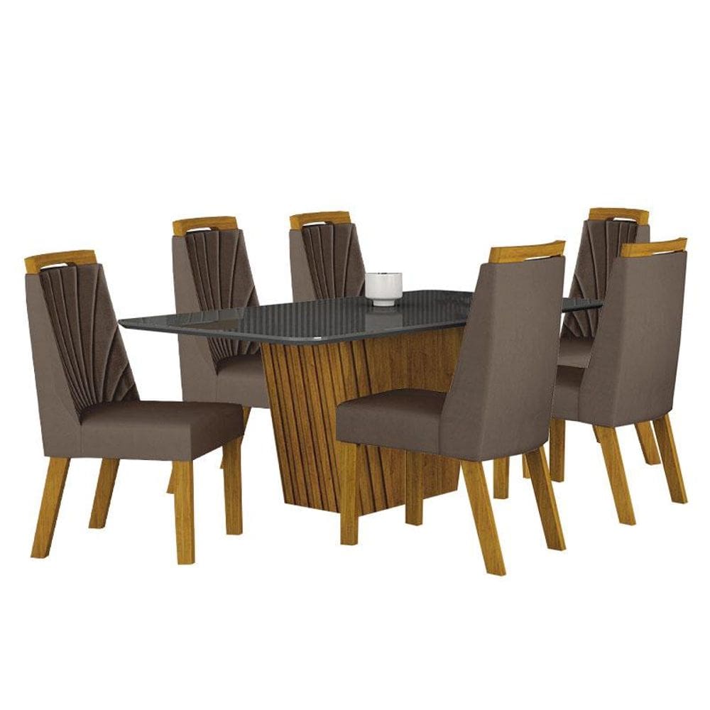 Mesa de Jantar Liz 180x90 Freijó Chumbo com 6 Cadeiras Freijó Joli Camurça - Leifer Móveis