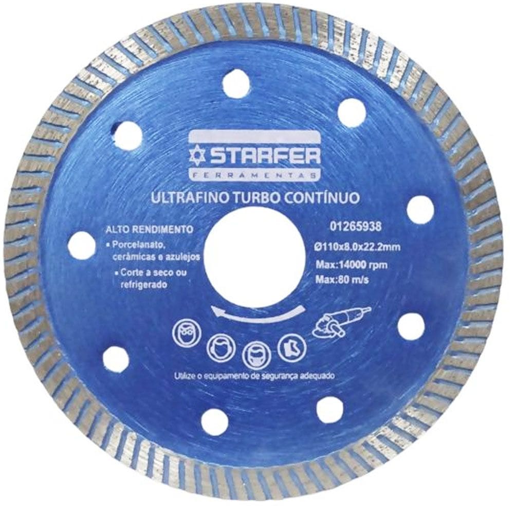 Disco Diamantado Turbo Contínuo 110mm Starfer p/ Porcelanato Cerâmica e Azulejo Corte Fino Furo 22mm 14.000 RPM