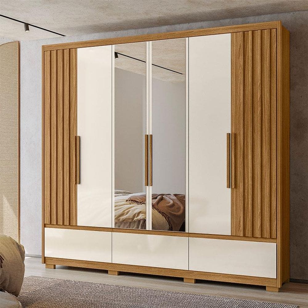 Guarda Roupa Casal Ambiente Amazonas 6 Portas Freijó Off White com Espelho - Moval