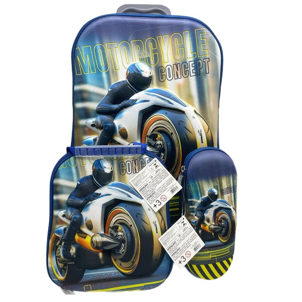 Kit Mochila C/ Rodinhas E Lancheira + Estojo Motorcycle