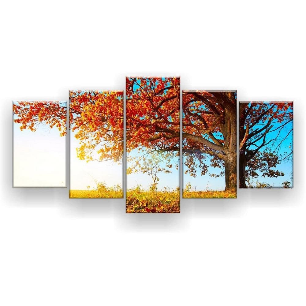 Quadro Decorativo Mosaico 5 Peças Outono Árvore Céu Azul