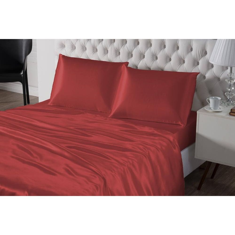Lençol De Baixo E De Cima Vermelho 4 Peças Cetim Queen Seda