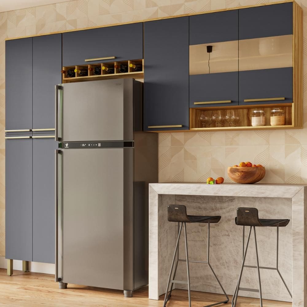 Cozinha Compacta Nápoli Prime 3 Peças 8 Portas Armário Paneleiro Aéreo Geladeira Aéreo Triplo 100% MDF
