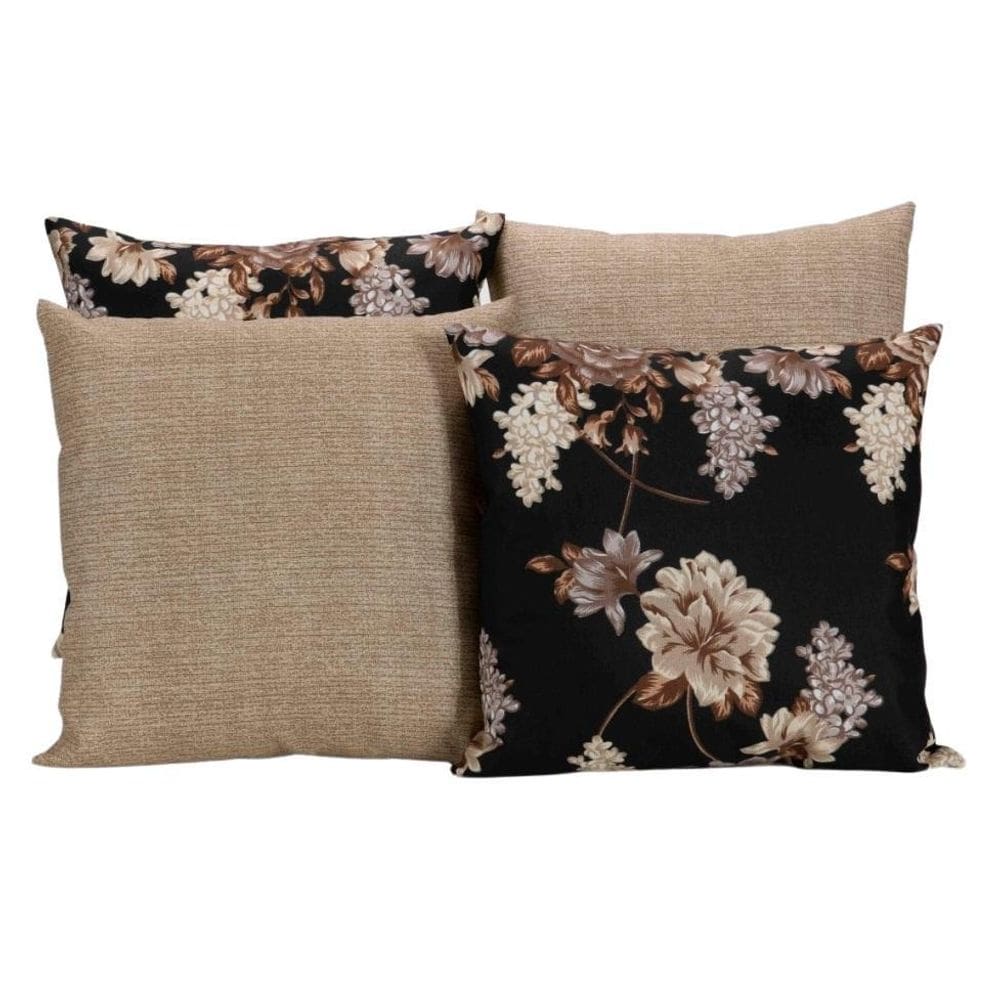 Kit 4 Capas De Almofadas Para Sofá Preta Com Flores Palha