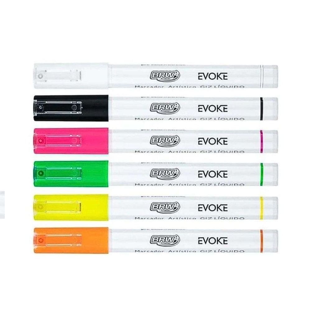 KIT 6 Cores Canetão Giz Líquido 15mm BRW 25g Caneta Marcador p/ Lousa Vidros Espelhos Carros Vitrines