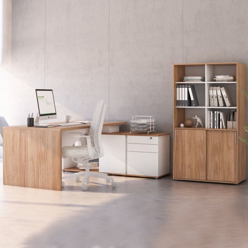 Kit 2 Peças com Mesa Escritório Diretor em L Spring e Armário com 2 Portas Yescasa