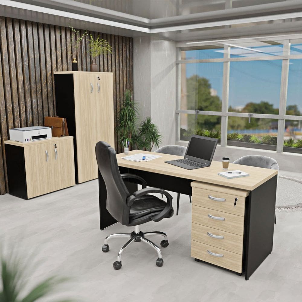 Kit 4 Peças com Mesa para Escritório, Gaveteiro e 2 Armários Carvalho / Preto