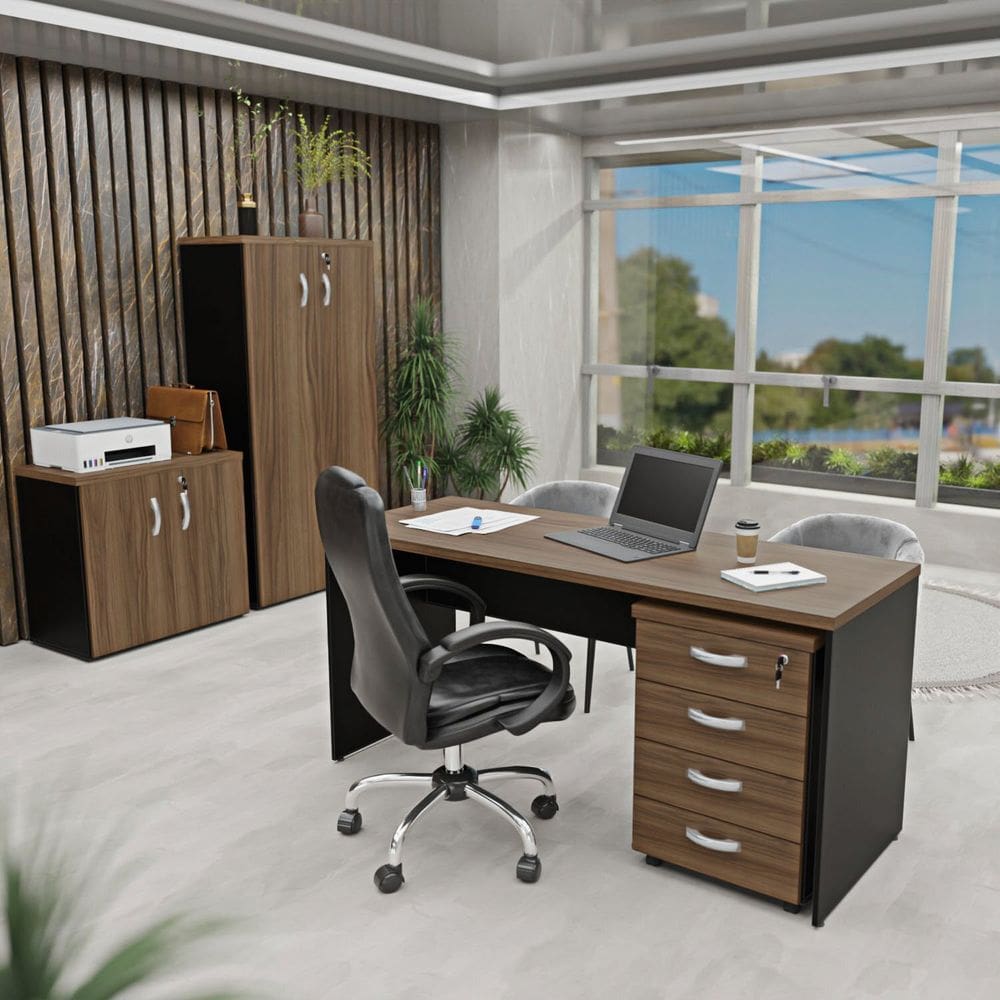 Kit 4 Peças com Mesa para Escritório, Gaveteiro e 2 Armários Nogal / Preto