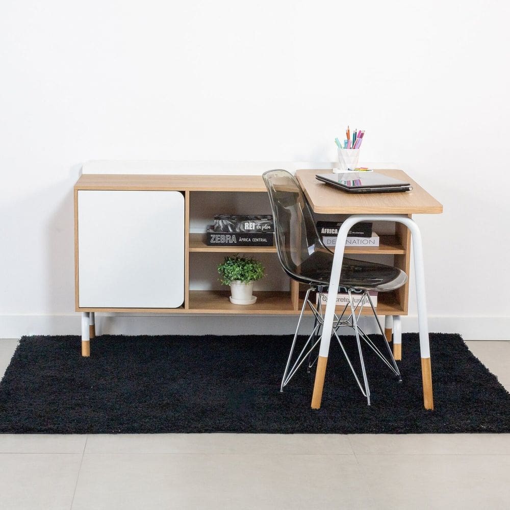 Kit Mesa Escrivaninha Giratória 111cm e Balcão Credenza 1 Gav 1 Porta 136cm Home Office Flexus