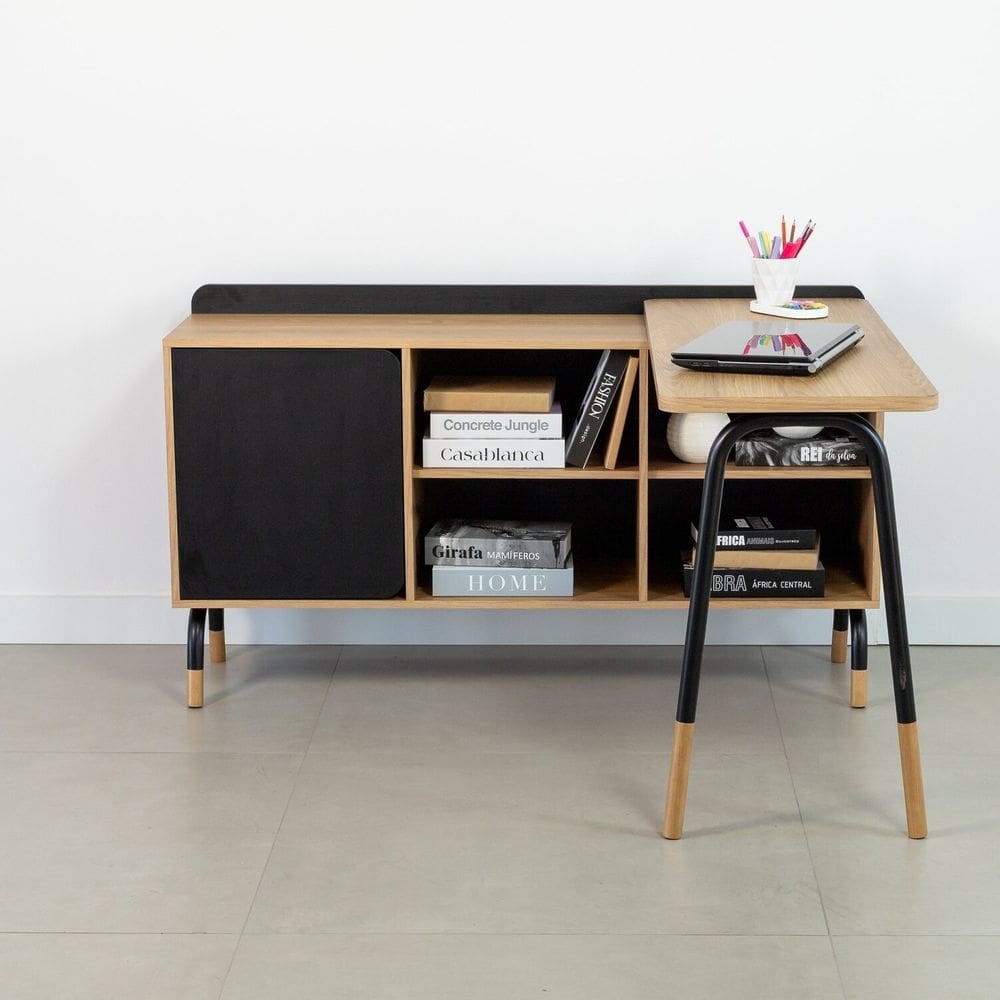 Kit Mesa Escrivaninha Giratória 111cm e Balcão Credenza 1 Gav 1 Porta 136cm Home Office Flexus
