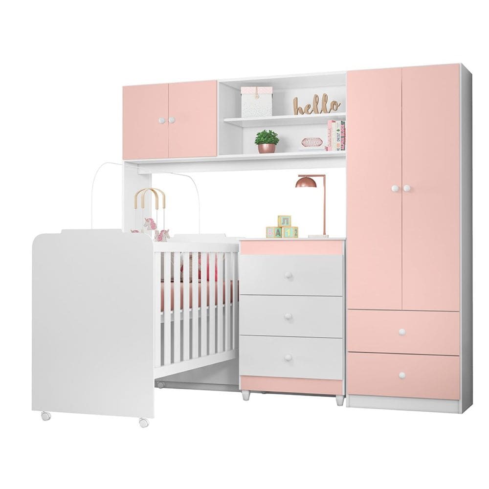 Quarto Infantil Sofhia com Conjugado e Cômoda Ternura e Berço Amore Cor Branco e Rosa - Peternella