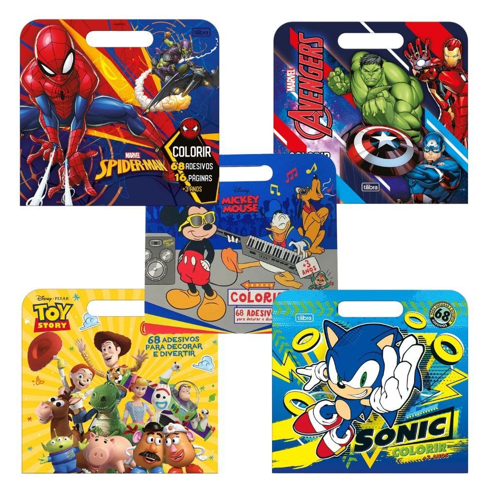 Kit 05 Livros Álbum Infantil de Colorir Pintar Meninos Personagens Disney Marvel + 68 Adesivos Tilibra