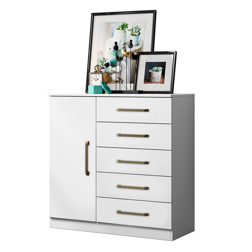 Transforme Seu Quarto com a Elegância da Cômoda Milão 91cm – 1 Porta e 5 Gavetas Brancas