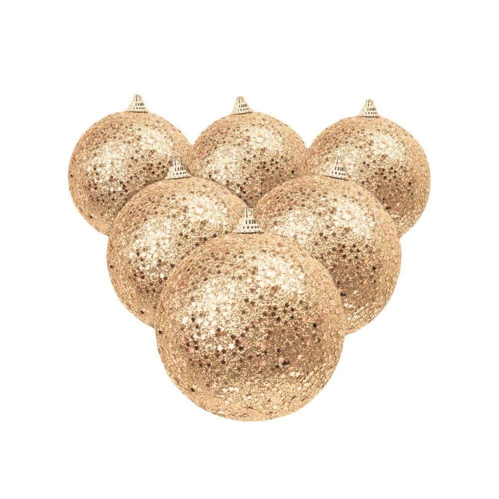 Kit 6 Bolas Natalinas Natal Champanhe Com Glitter De Estrelas 8cm Cromus